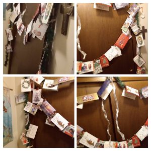 Photo collage of four different pictures of various angles of holiday cards decorating two different garlands over a closet door