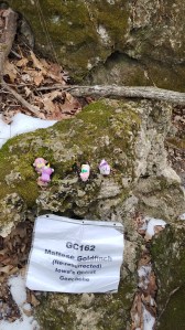 Four unicorn toy on a rock in the middle of the woods with a sign that reads "GC162: Maltese Goldfinch (re-resurrected) Iowa's Oldest Geocache"